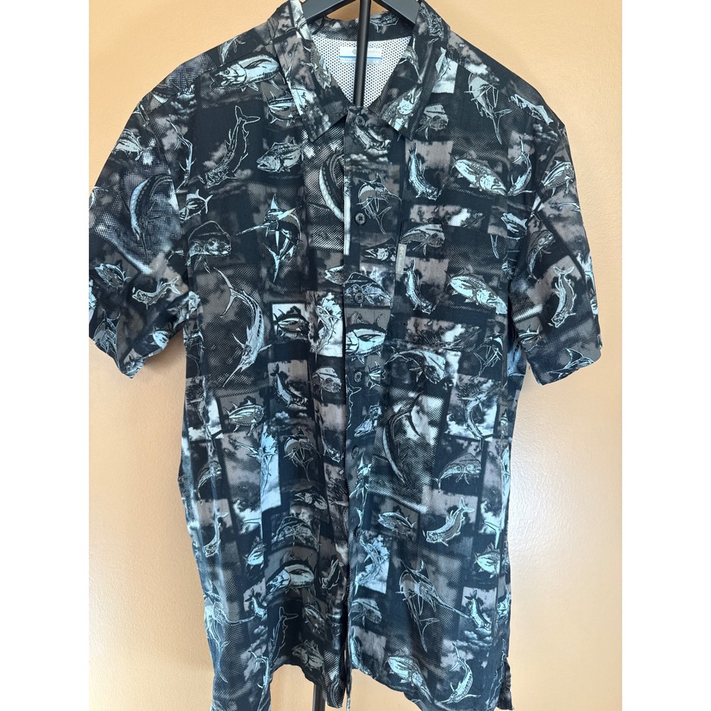 Columbia PFG Mens Large Fish Print Short Sleeve Fishing Shirt Black Blue Marlin‎